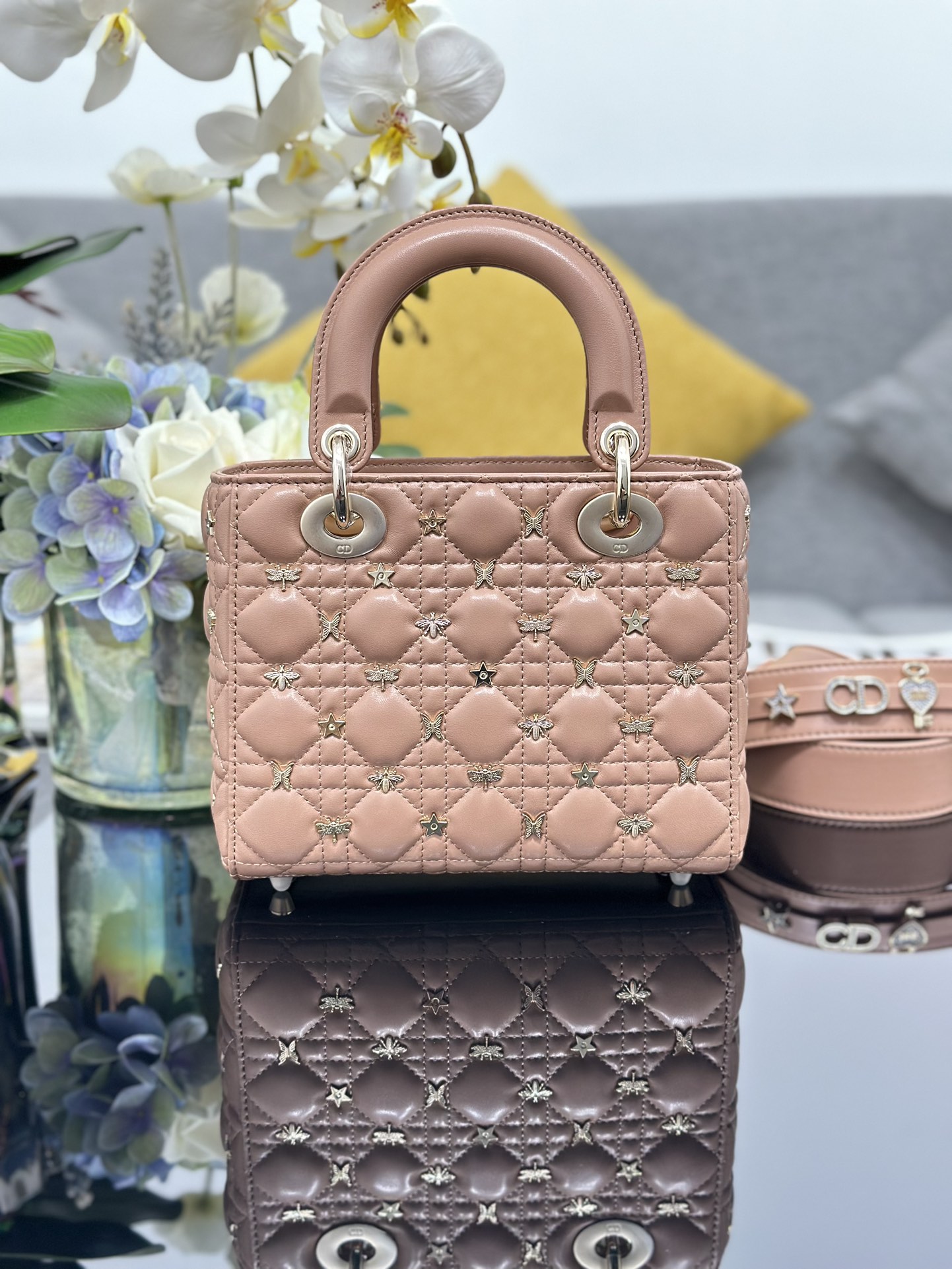 Small Lady Dior Bag Pink Lambskin with Dragonfly Nail